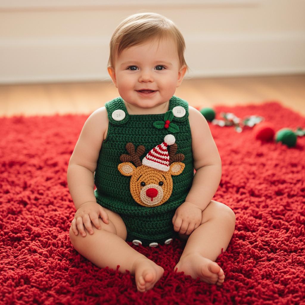 Crochet Baby Christmas Outfit, Reindeer Baby Romper, Handmade Newborn Photo Prop, Baby Boy First Christmas Gift