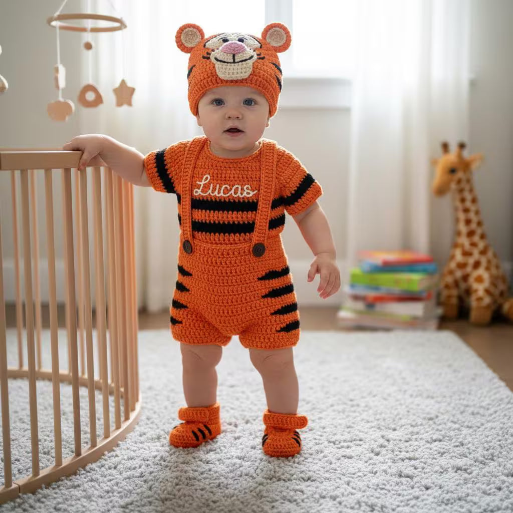 Personalized Crochet Baby Outfit, Winnie the Pooh Tigger or Piglet Romper Set, Hat and Booties, Newborn Photo Prop, Baby Shower Gift