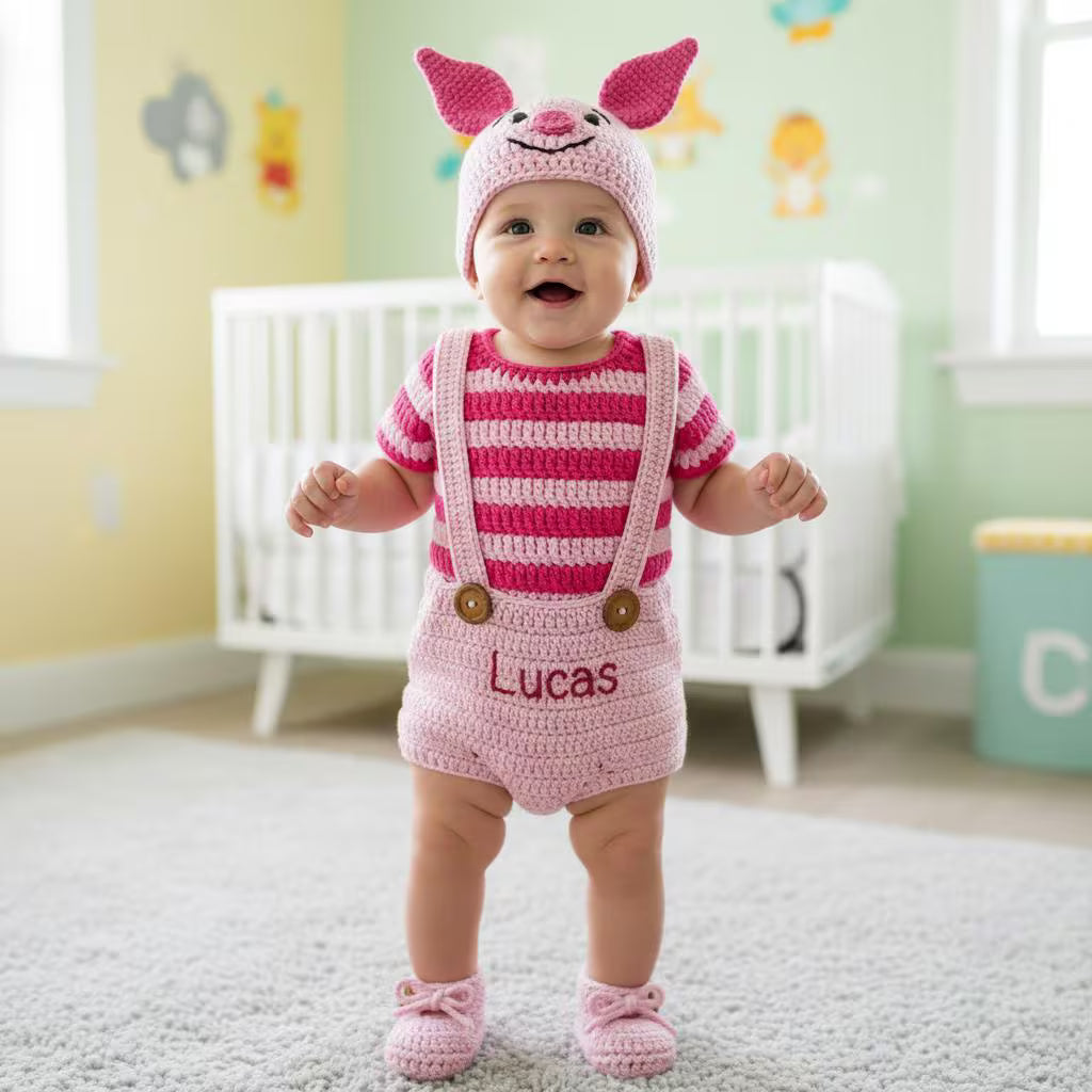 Personalized Crochet Baby Outfit, Winnie the Pooh Tigger or Piglet Romper Set, Hat and Booties, Newborn Photo Prop, Baby Shower Gift