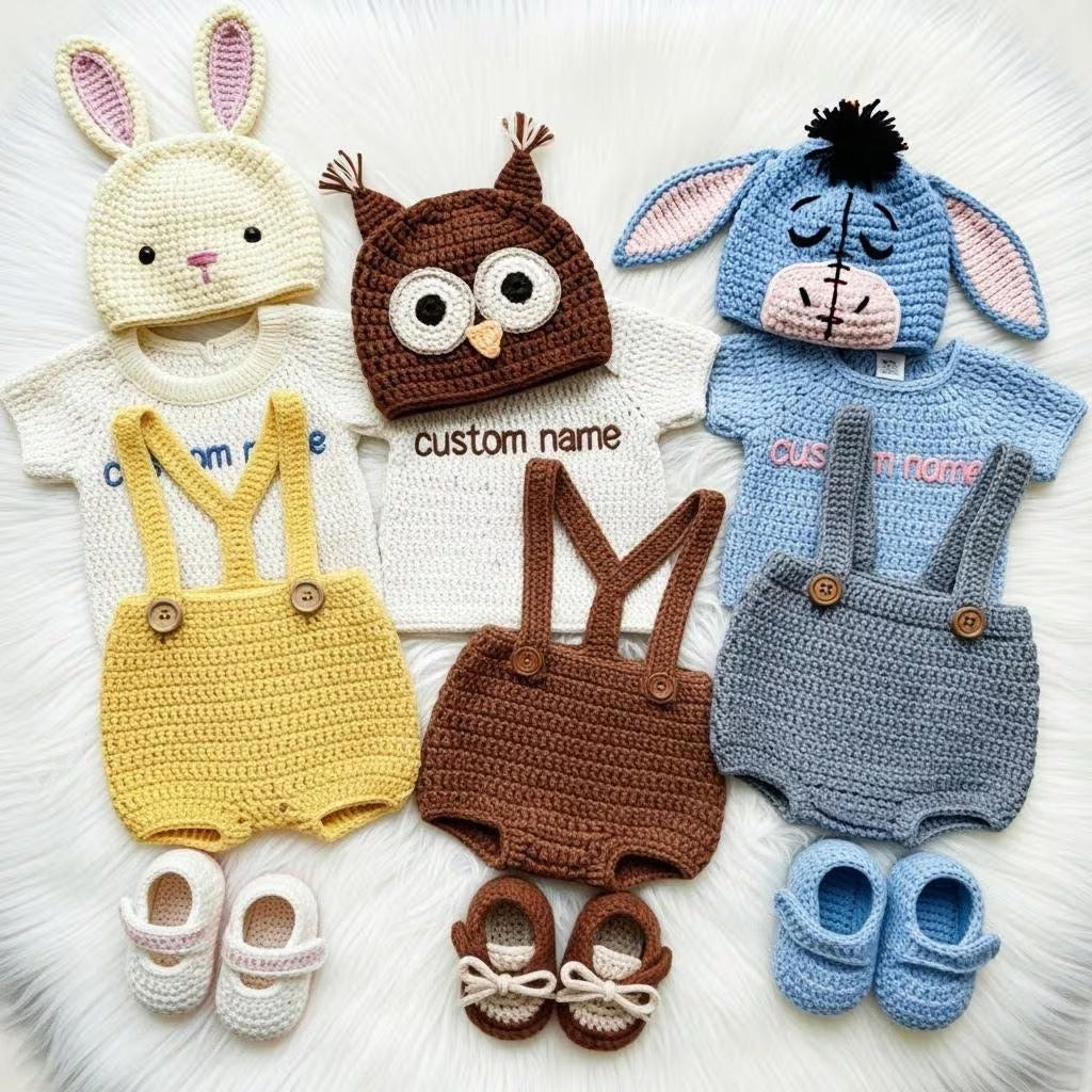 Personalized Crochet Baby Animal Outfit, Bunny Owl Donkey Set, Newborn Photo Prop, Coming Home Outfit, Baby Shower Gift