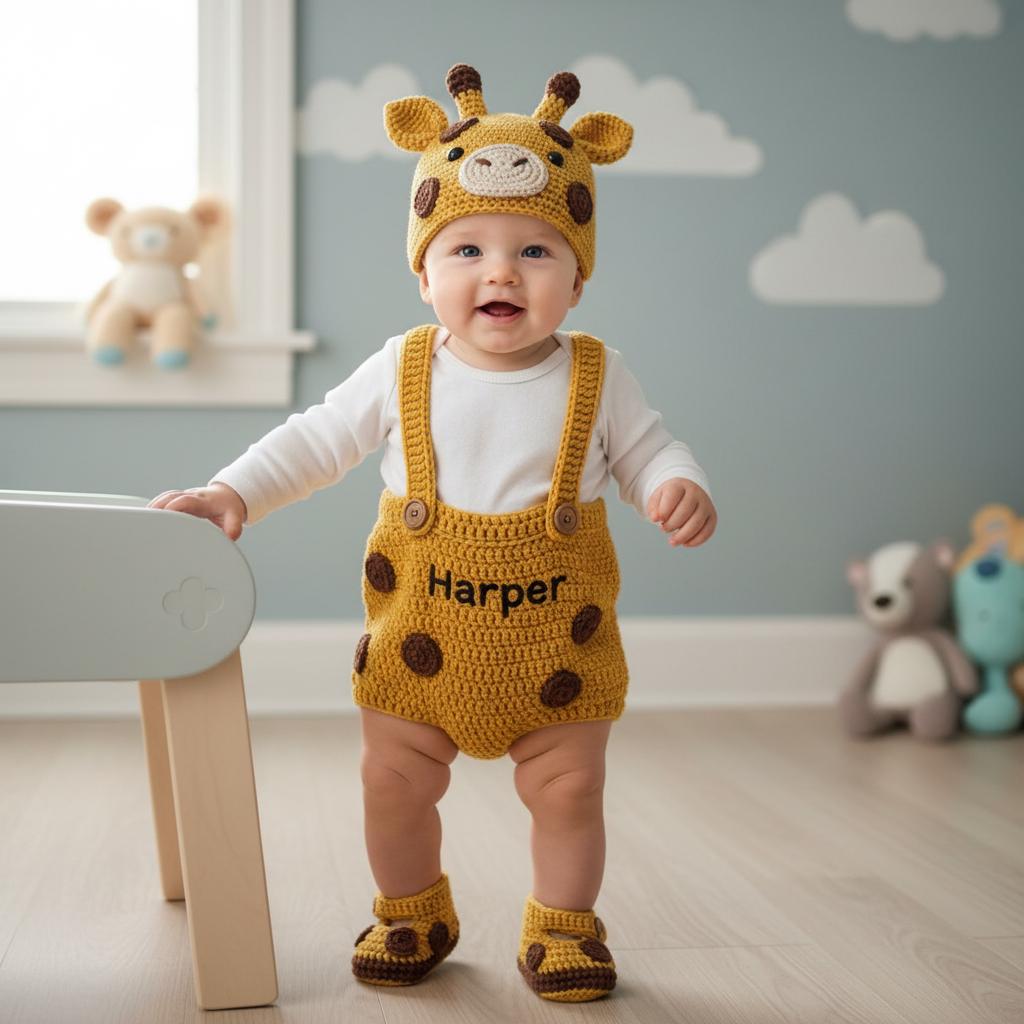 Personalized Crochet Safari Baby Outfit, Zebra Deer Giraffe Romper Set with Hat and Booties, Newborn Photo Prop, Baby Shower Gift