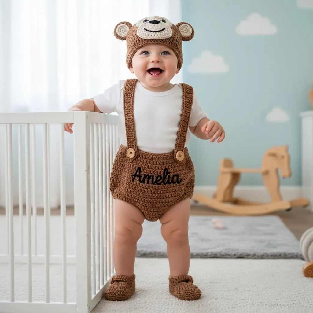 Personalized Crochet Baby Outfit, Animal Romper Set with Hat and Booties, Newborn Photo Prop