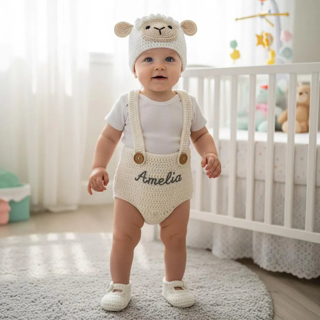 Personalized Crochet Baby Animal Outfit, Sheep Bunny or Cow Romper Set with Hat and Booties, Newborn Photo Prop, Baby Shower Gift
