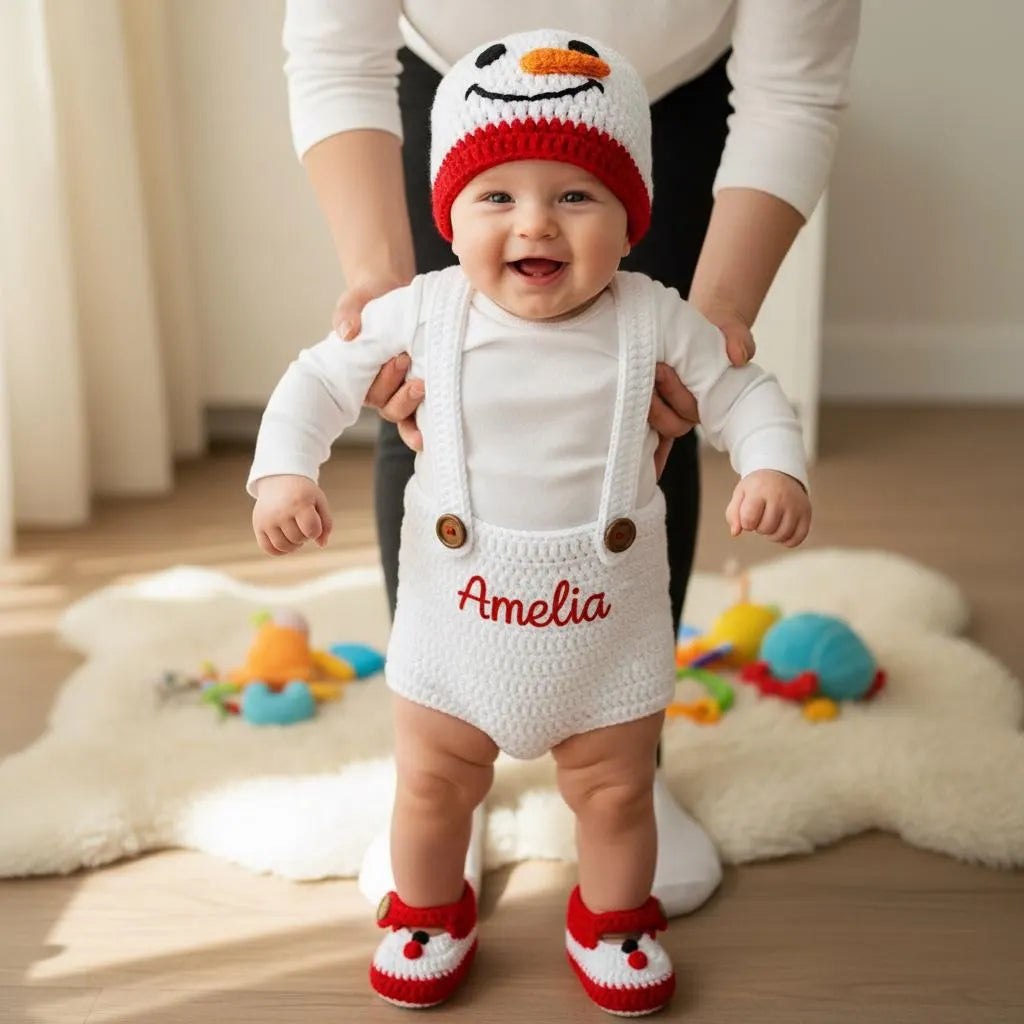 Crochet Christmas Baby Outfit, Personalized Santa Snowman Elf Romper Set, Newborn Photo Prop, First Christmas Gift