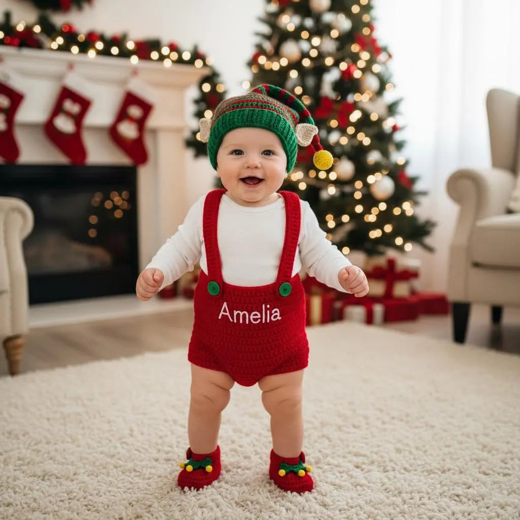 Crochet Christmas Baby Outfit, Personalized Santa Snowman Elf Romper Set, Newborn Photo Prop, First Christmas Gift