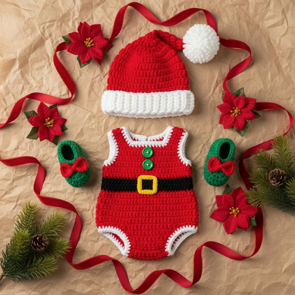 Crochet Santa Baby Outfit, Handmade Christmas Romper Set with Hat and Elf Booties, Newborn Photo Prop, First Christmas Gift