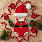 Crochet Santa Baby Outfit, Handmade Christmas Romper Set with Hat and Elf Booties, Newborn Photo Prop, First Christmas Gift