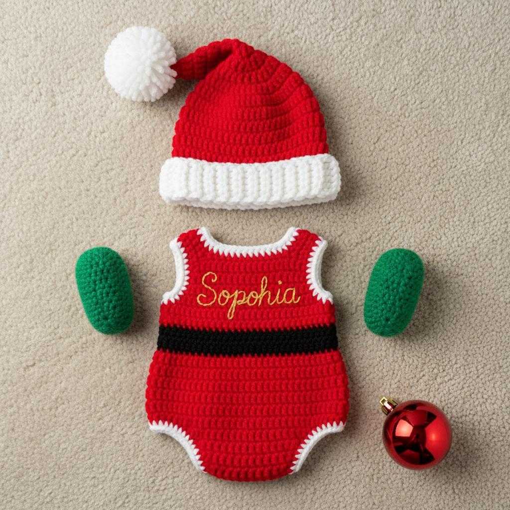 Crochet Santa Baby Outfit, Handmade Christmas Romper Set with Hat and Elf Booties, Newborn Photo Prop, First Christmas Gift