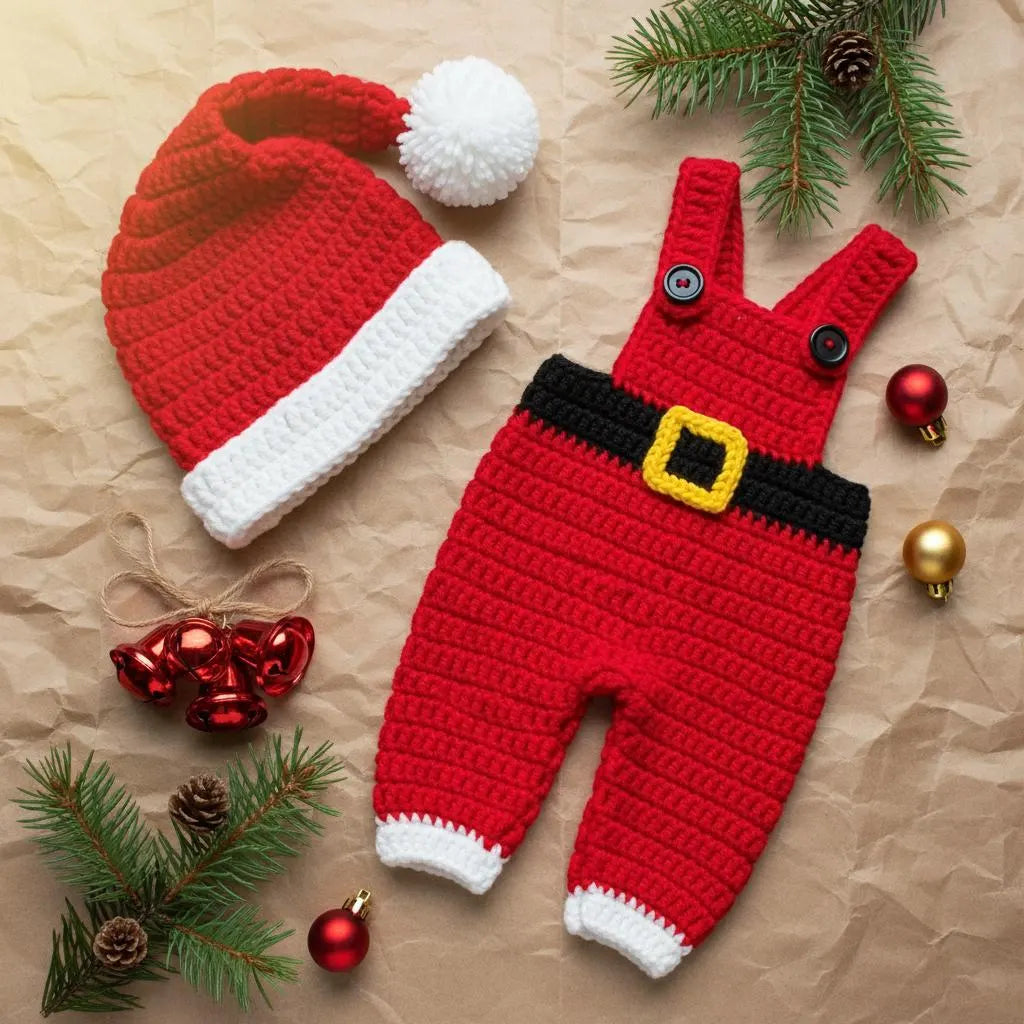 Crochet Santa Baby Outfit, Red Christmas Overalls and Hat Set, Newborn Photo Prop, Baby First Christmas Costume, Holiday Baby Gift