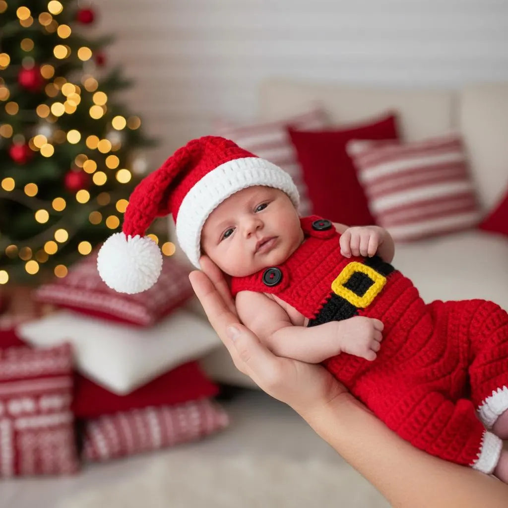 Crochet Santa Baby Outfit, Red Christmas Overalls and Hat Set, Newborn Photo Prop, Baby First Christmas Costume, Holiday Baby Gift