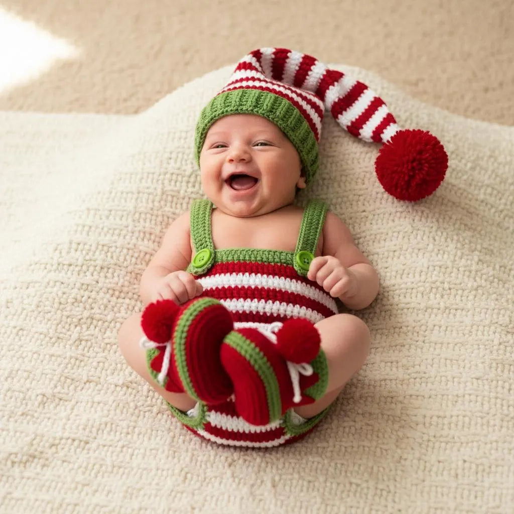 Personalized Crochet Baby Elf Outfit, Christmas Romper Hat and Booties Set, Newborn Photo Prop, First Christmas Holiday Gift