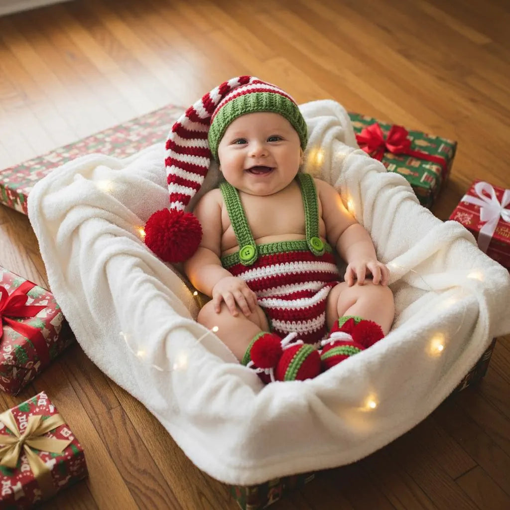 Personalized Crochet Baby Elf Outfit, Christmas Romper Hat and Booties Set, Newborn Photo Prop, First Christmas Holiday Gift