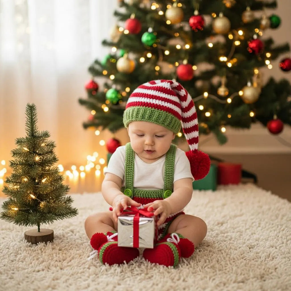 Personalized Crochet Baby Elf Outfit, Christmas Romper Hat and Booties Set, Newborn Photo Prop, First Christmas Holiday Gift