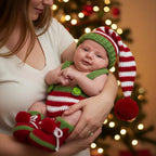 Personalized Crochet Baby Elf Outfit, Christmas Romper Hat and Booties Set, Newborn Photo Prop, First Christmas Holiday Gift