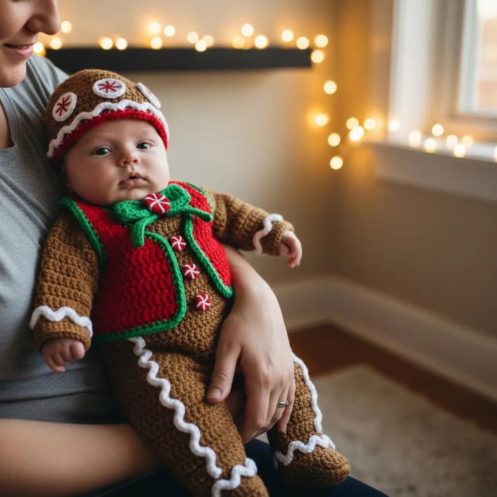 Crochet Gingerbread Baby Outfit, Christmas Romper Vest and Hat Set, Newborn Photo Prop, First Christmas Costume, Holiday Baby Gift