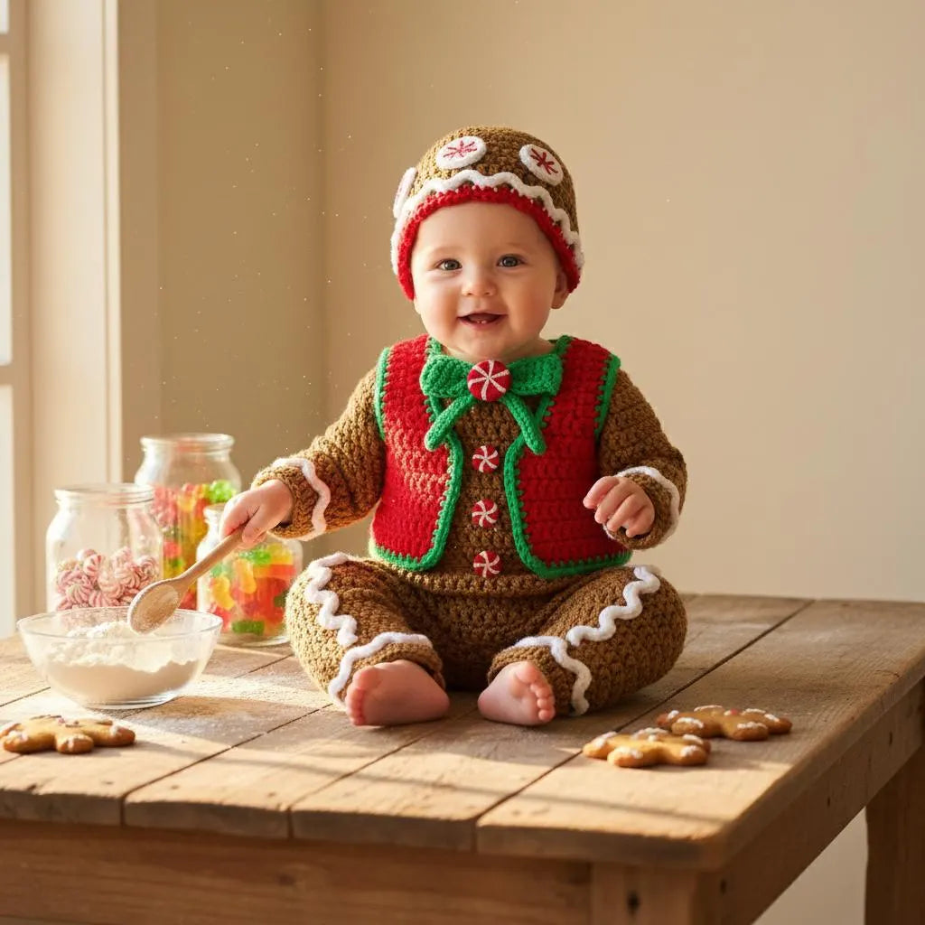 Crochet Gingerbread Baby Outfit, Christmas Romper Vest and Hat Set, Newborn Photo Prop, First Christmas Costume, Holiday Baby Gift