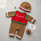 Crochet Gingerbread Baby Outfit, Christmas Romper Vest and Hat Set, Newborn Photo Prop, First Christmas Costume, Holiday Baby Gift