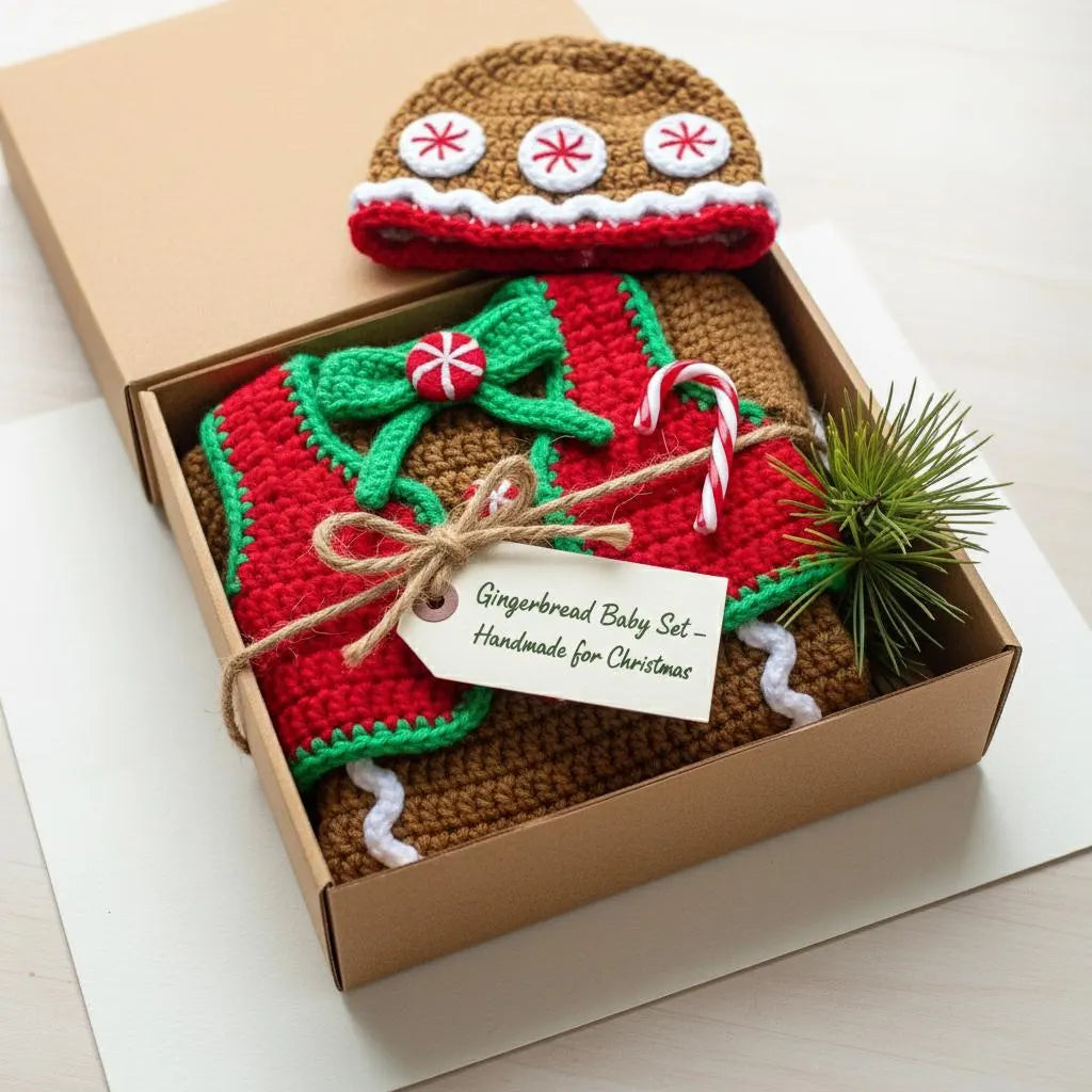 Crochet Gingerbread Baby Outfit, Christmas Romper Vest and Hat Set, Newborn Photo Prop, First Christmas Costume, Holiday Baby Gift