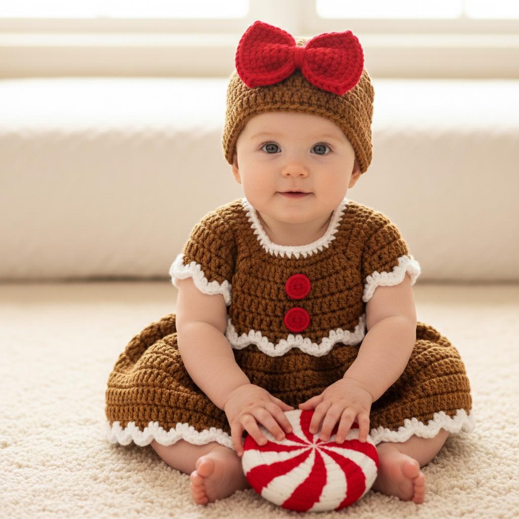 Crochet Gingerbread Baby Dress and Hat Set, Handmade Christmas Outfit, Newborn Photo Prop, First Christmas Gift for Baby Girl
