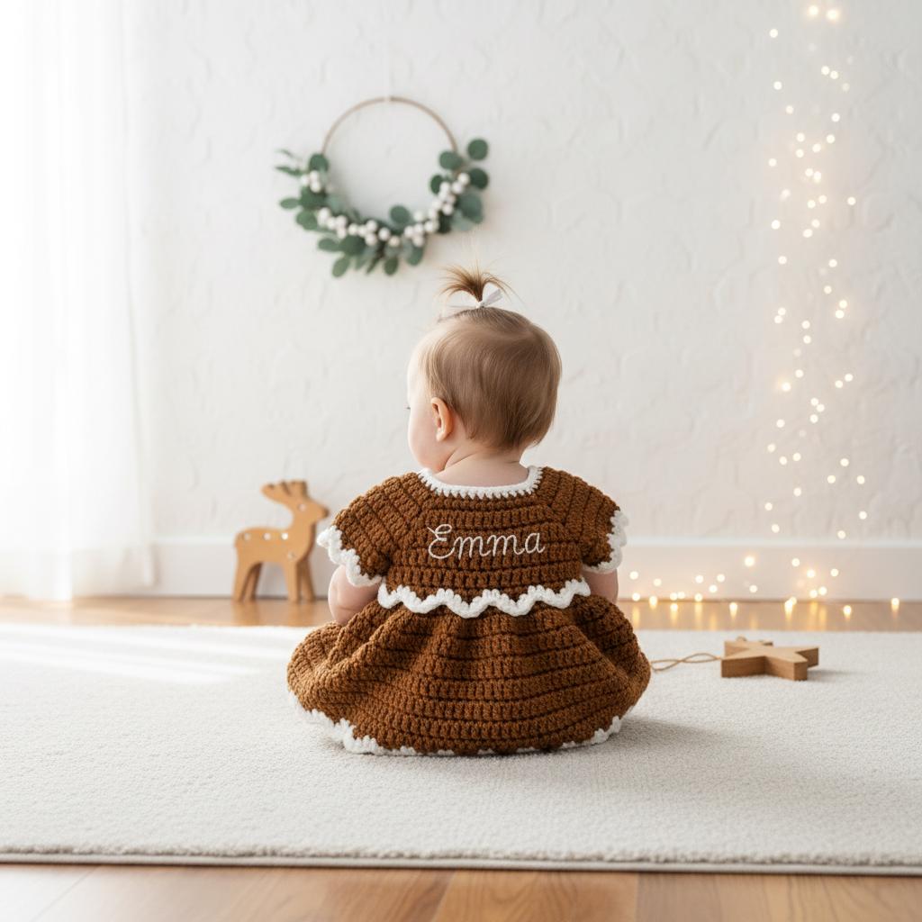 Crochet Gingerbread Baby Dress and Hat Set, Handmade Christmas Outfit, Newborn Photo Prop, First Christmas Gift for Baby Girl