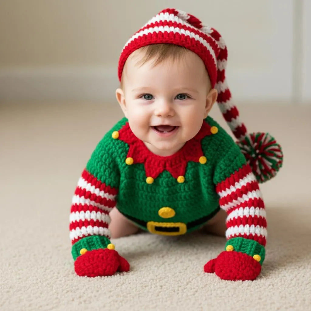Crochet Christmas Elf Baby Outfit, Elf Sweater Hat and Mittens Set, Newborn Photo Prop, First Christmas Costume, Holiday Baby Gift