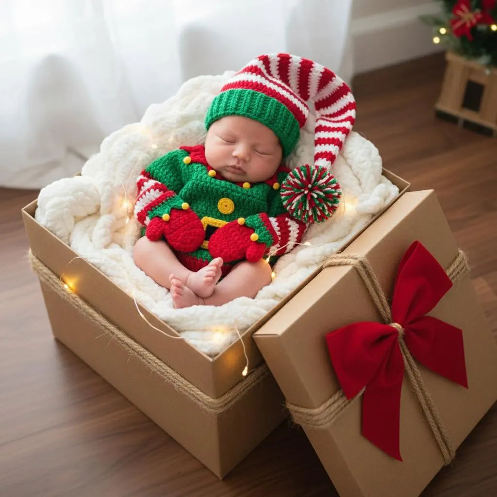 Crochet Christmas Elf Baby Outfit, Elf Sweater Hat and Mittens Set, Newborn Photo Prop, First Christmas Costume, Holiday Baby Gift