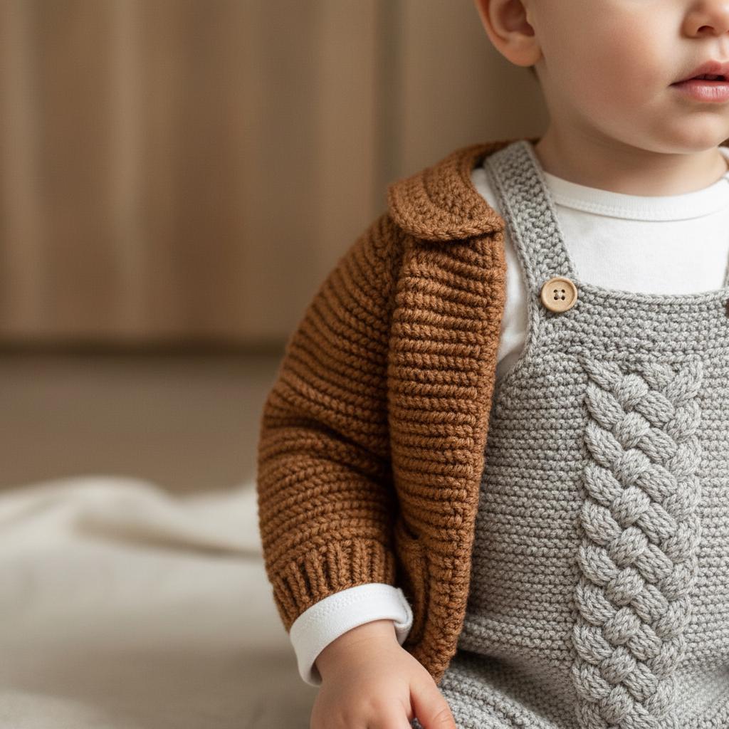 Handmade Crochet Baby Outfit, Cable Romper & Brown Cardigan Set, Newborn Coming Home Outfit, Baby Shower Gift