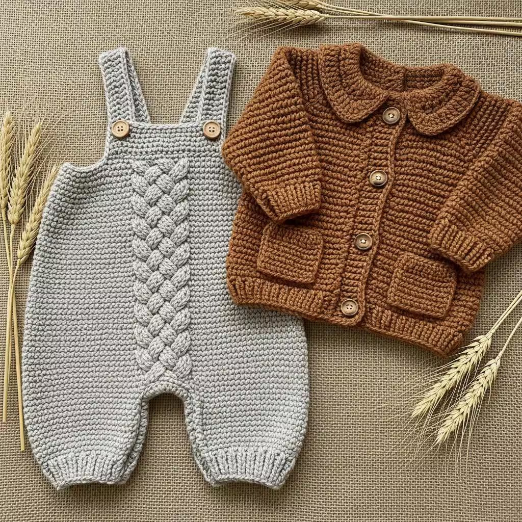 Handmade Crochet Baby Outfit, Cable Romper & Brown Cardigan Set, Newborn Coming Home Outfit, Baby Shower Gift
