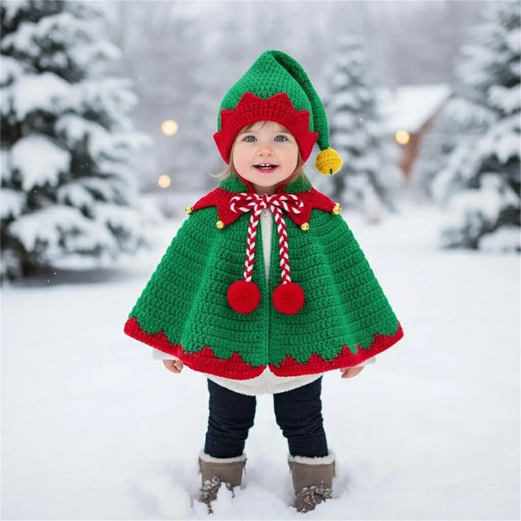Handmade Crochet Elf Baby Outfit, Green Red Cape & Hat Set with Bells, Newborn Christmas Photo Prop, First Christmas Gift
