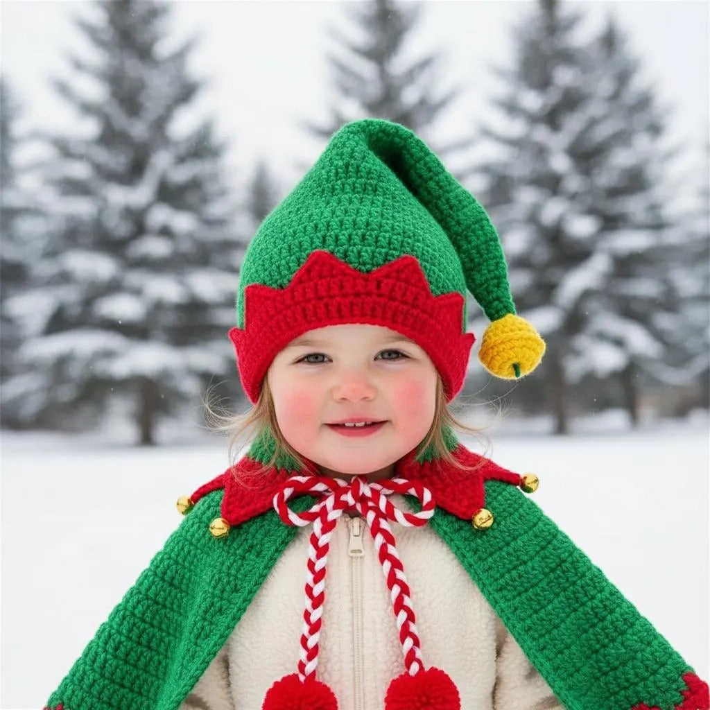 Handmade Crochet Elf Baby Outfit, Green Red Cape & Hat Set with Bells, Newborn Christmas Photo Prop, First Christmas Gift
