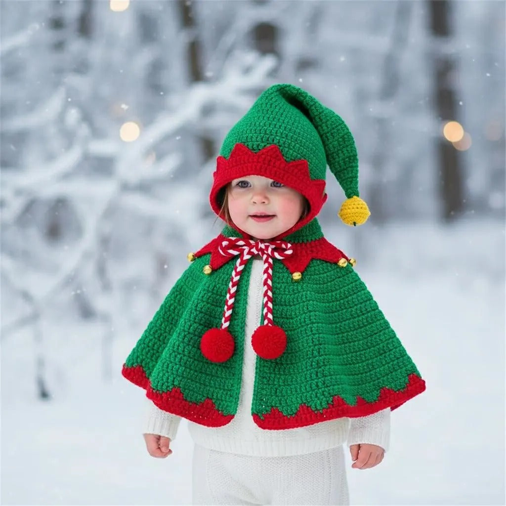 Handmade Crochet Elf Baby Outfit, Green Red Cape & Hat Set with Bells, Newborn Christmas Photo Prop, First Christmas Gift