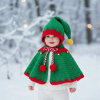 Handmade Crochet Elf Baby Outfit, Green Red Cape & Hat Set with Bells, Newborn Christmas Photo Prop, First Christmas Gift
