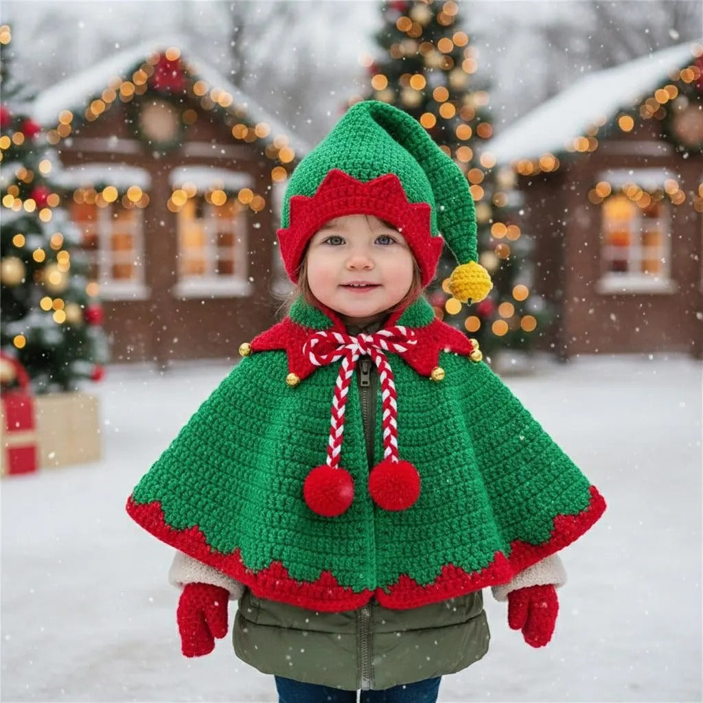 Handmade Crochet Elf Baby Outfit, Green Red Cape & Hat Set with Bells, Newborn Christmas Photo Prop, First Christmas Gift