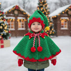 Handmade Crochet Elf Baby Outfit, Green Red Cape & Hat Set with Bells, Newborn Christmas Photo Prop, First Christmas Gift