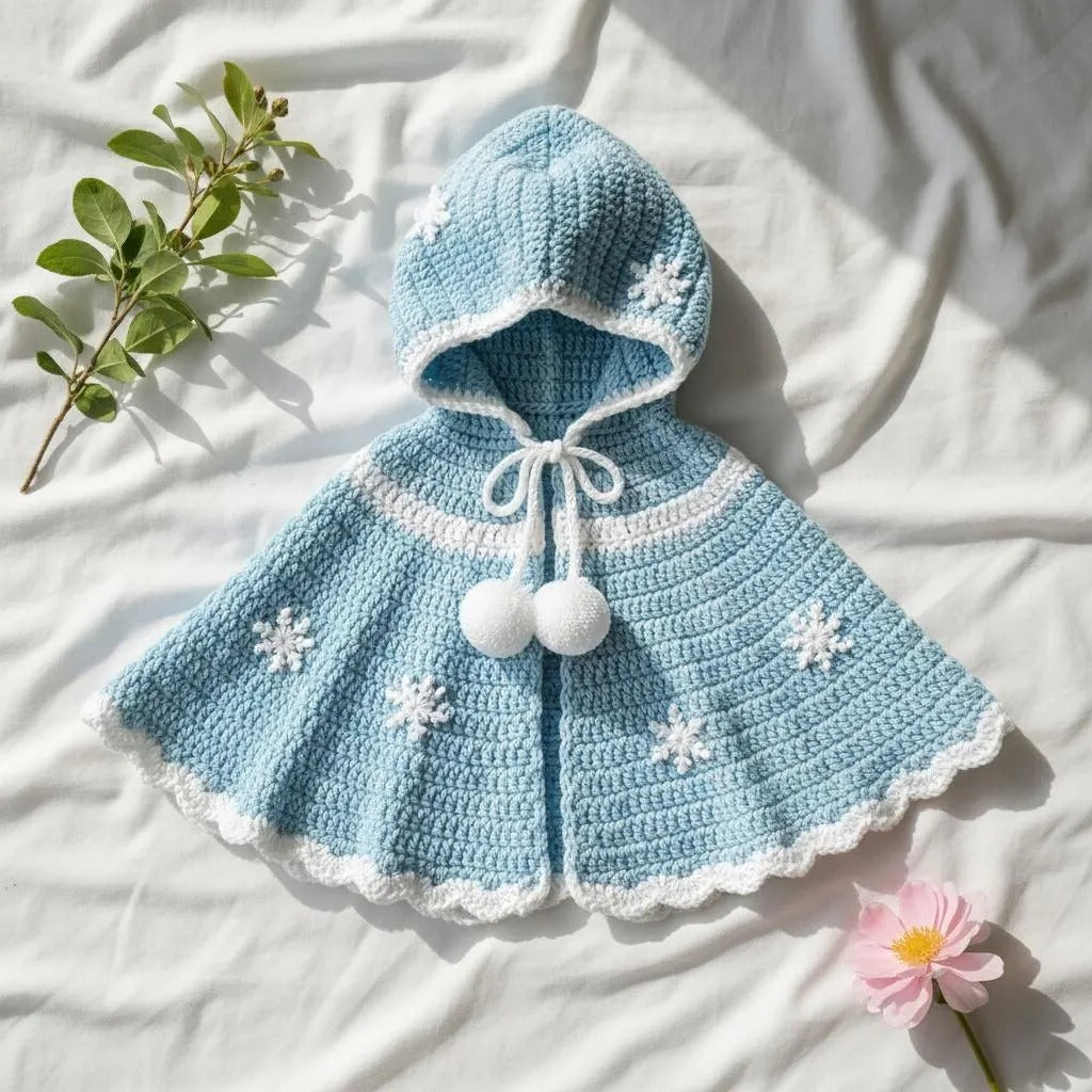 Crochet Baby Cape, Handmade Blue Snowflake Hooded Poncho, Winter Princess Newborn Photo Prop, Baby Shower Gift