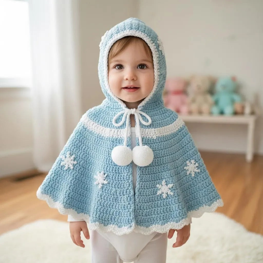 Crochet Baby Cape, Handmade Blue Snowflake Hooded Poncho, Winter Princess Newborn Photo Prop, Baby Shower Gift
