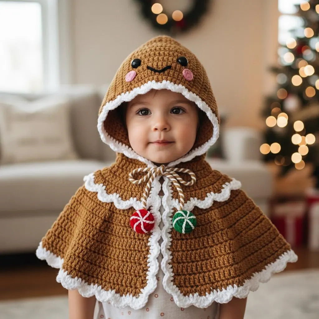 Crochet Gingerbread Baby Cape, Hooded Christmas Poncho, Newborn Photo Prop, First Christmas Outfit, Holiday Baby Costume