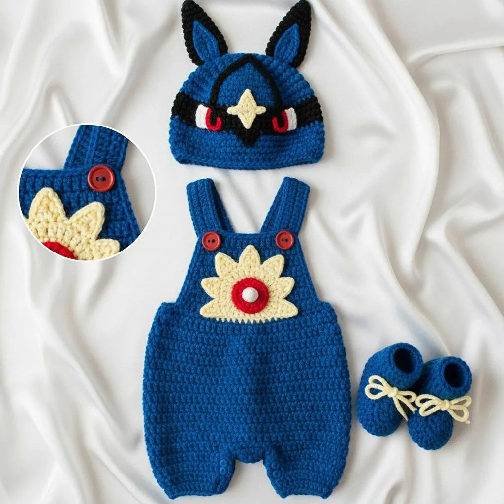 Crochet Blue Creature Baby Outfit, Overalls Hat and Booties Set, Newborn Photo Prop, Baby Halloween Costume, Baby Shower Gift