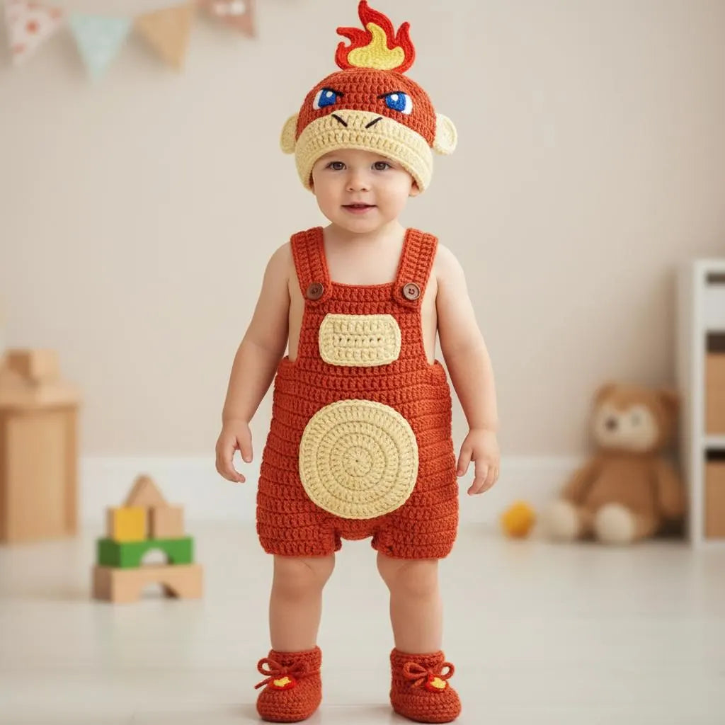 Crochet Chimchar Baby Outfit, Fire Monkey Romper Set with Hat and Booties, Newborn Photo Prop, Pokemon Baby Shower Gift