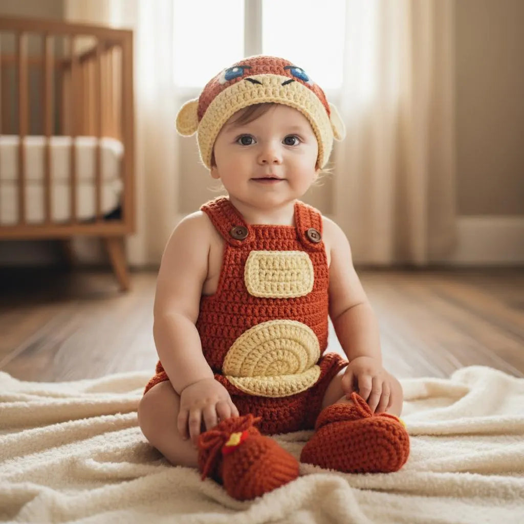 Crochet Chimchar Baby Outfit, Fire Monkey Romper Set with Hat and Booties, Newborn Photo Prop, Pokemon Baby Shower Gift