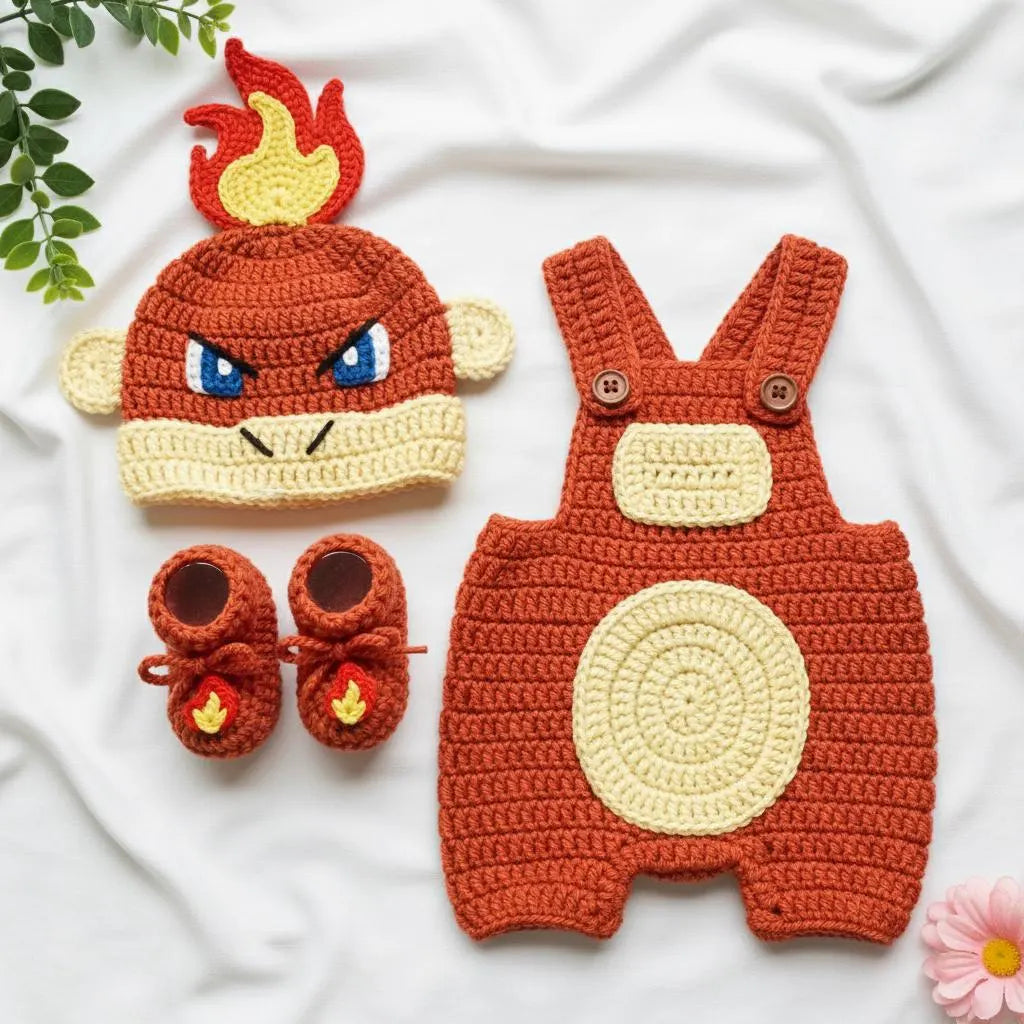 Crochet Chimchar Baby Outfit, Fire Monkey Romper Set with Hat and Booties, Newborn Photo Prop, Pokemon Baby Shower Gift