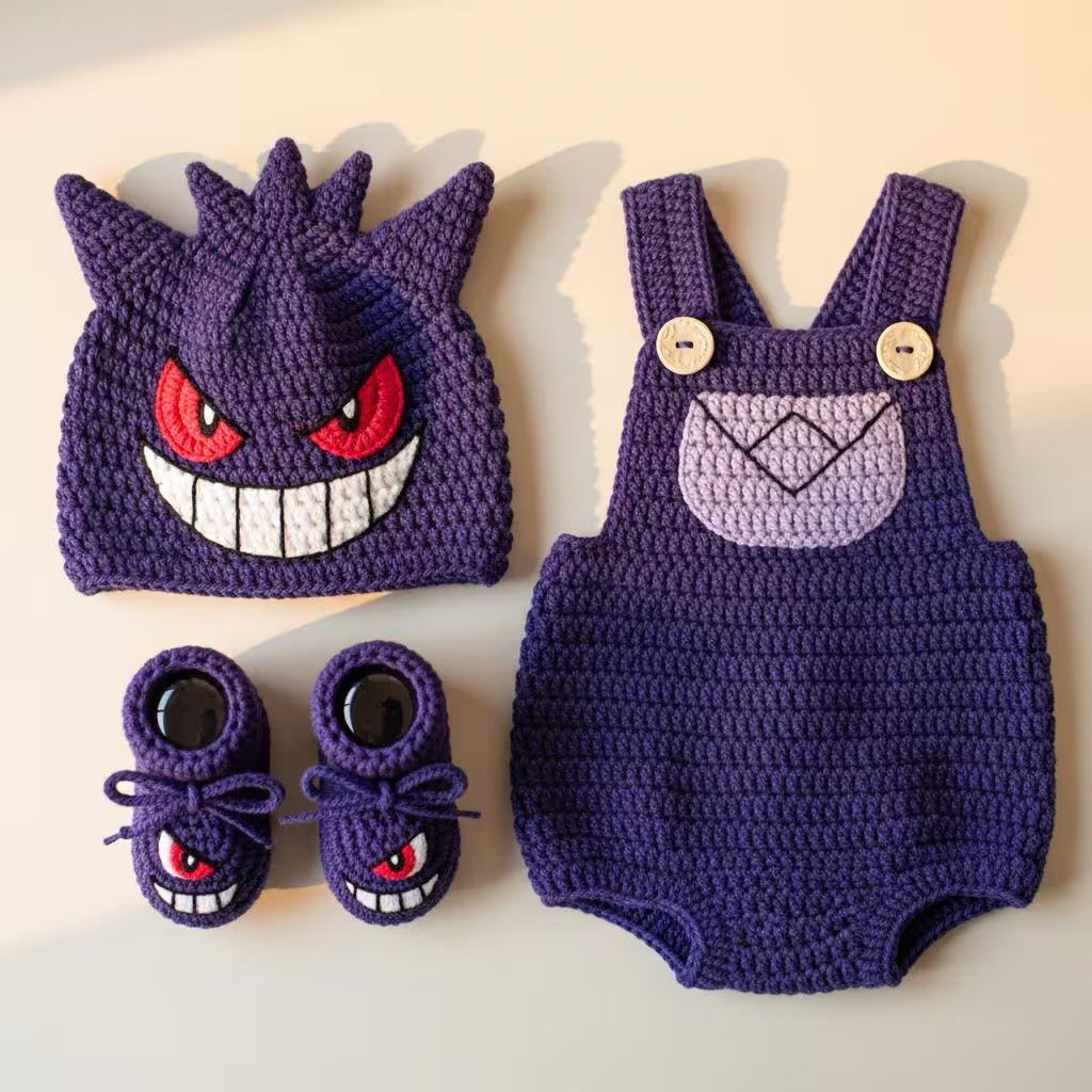 Crochet Purple Monster Baby Outfit, Romper Hat and Booties Set, Newborn Halloween Costume, Infant Photo Prop, Baby Shower Gift