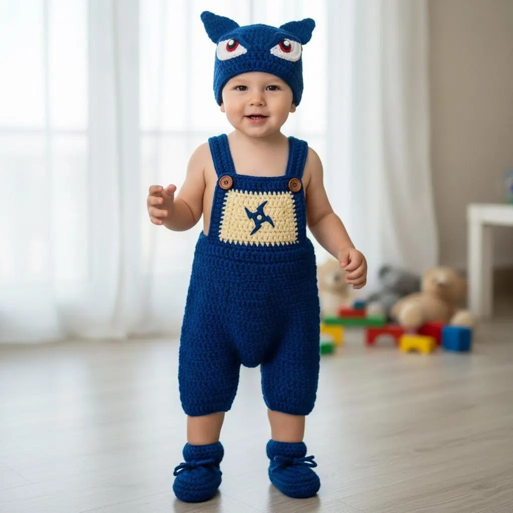 Blue Ninja Crochet Baby Outfit, Handmade Character Romper Hat & Booties Set, Newborn Photo Prop, Anime Halloween Costume, Baby Shower Gift