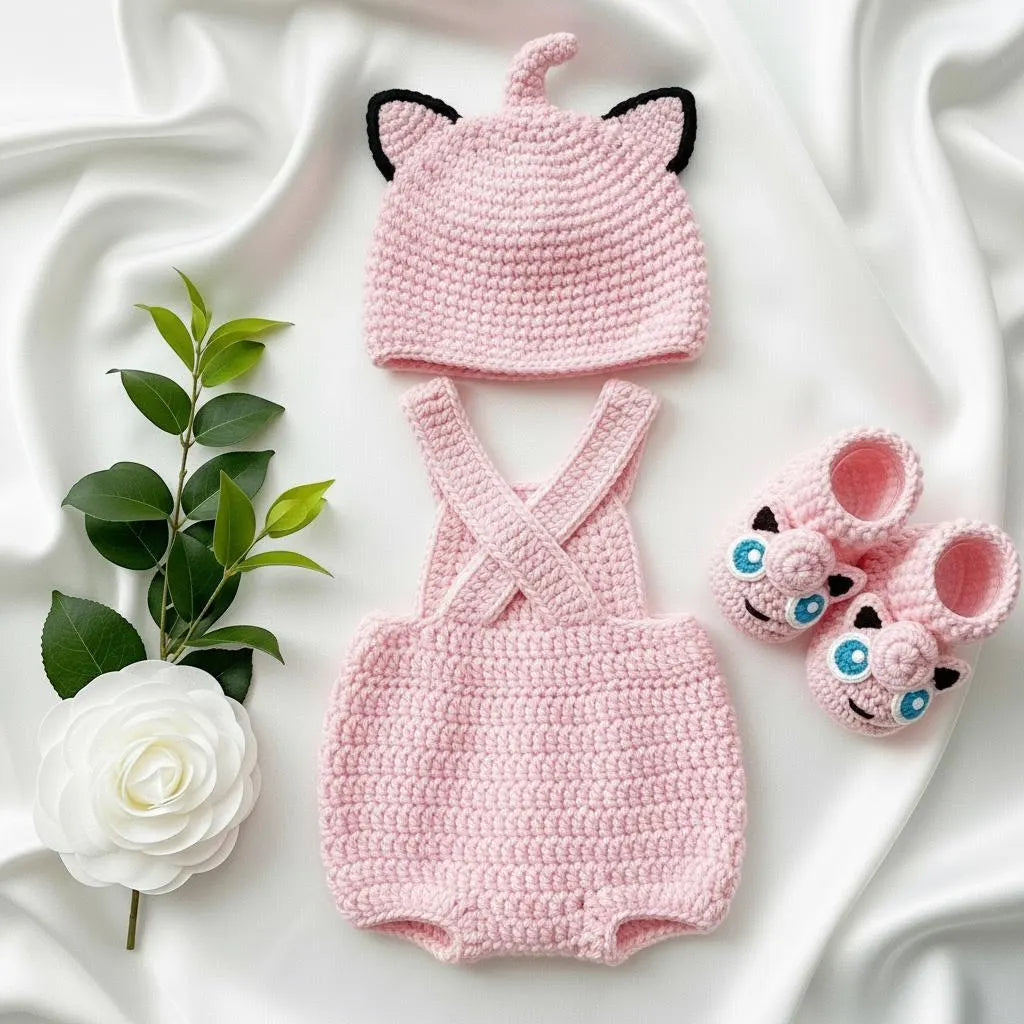 Crochet Jigglypuff Baby Outfit, Pink Pokemon Costume with Hat, Romper and Booties, Newborn Photo Prop, Baby Shower Gift