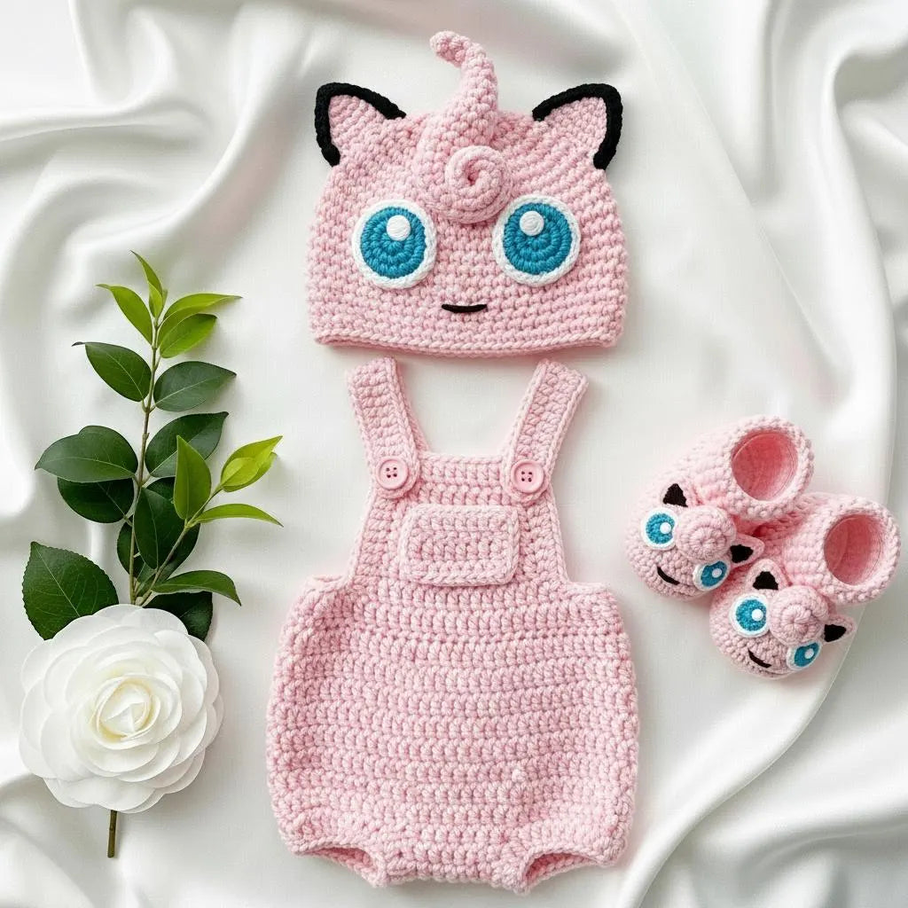 Crochet Jigglypuff Baby Outfit, Pink Pokemon Costume with Hat, Romper and Booties, Newborn Photo Prop, Baby Shower Gift