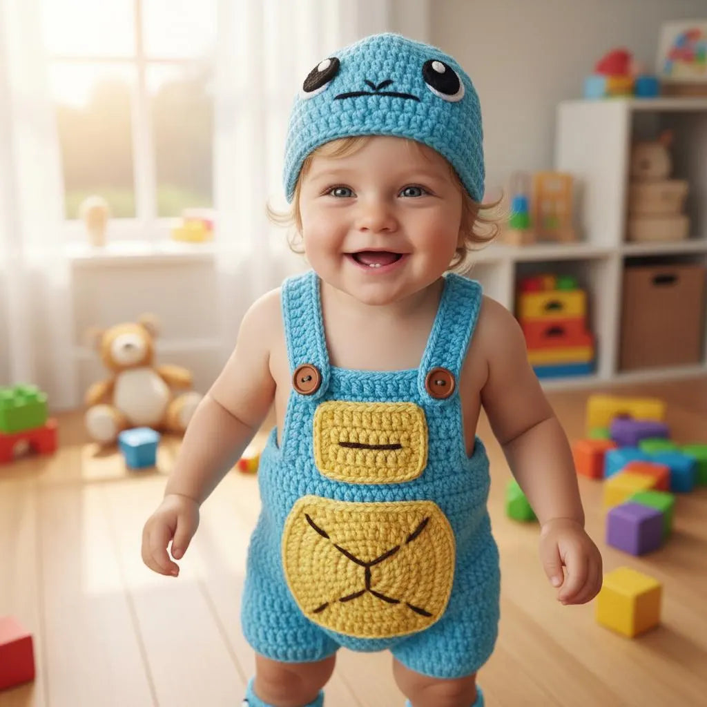 Crochet Turtle Baby Outfit Set, Blue Romper Hat and Booties, Newborn Photo Prop, Baby Halloween Costume, Baby Shower Gift