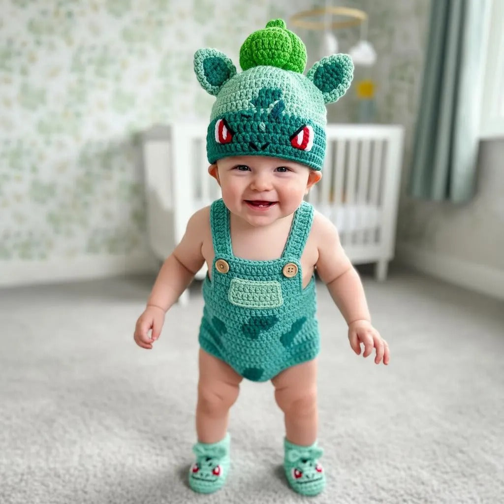 A smiling baby wearing a handmade crochet outfit inspired by Bulbasaur, featuring a green hat with bulb details, teal-green overalls with brown buttons, and matching booties, standing in a softly lit nursery.