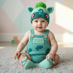 A baby sitting on a carpeted floor wearing a handmade crocheted outfit inspired by Bulbasaur, including a matching hat, romper, and booties in mint green with red eyes and wooden buttons.