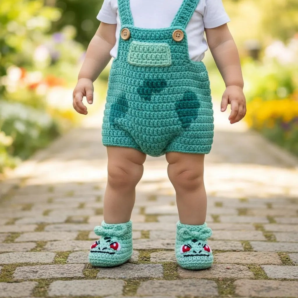 A baby wearing a handmade crocheted teal green overall romper with matching booties, standing on a stone path in a garden.