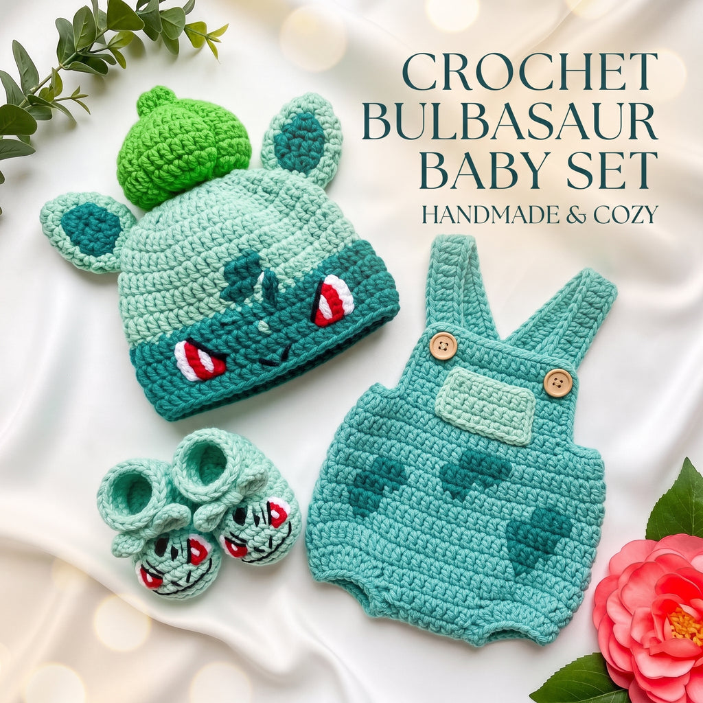 Crochet Bulbasaur baby set including a green and teal crocheted hat with bulb details, matching overalls, and booties, arranged on a white fabric background with decorative leaves and a flower.